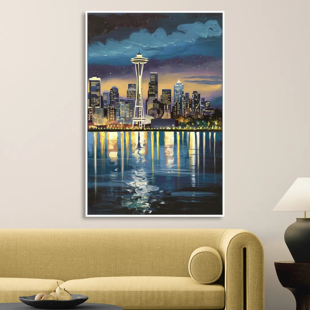 Seattle Skyline Reflection Sitting Room - White Canvas Wall Art