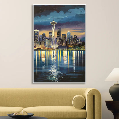 Seattle Skyline Reflection Sitting Room - White Canvas Wall Art