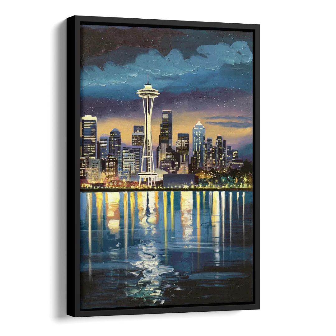 Seattle Skyline Reflection Side - Black Canvas Wall Art