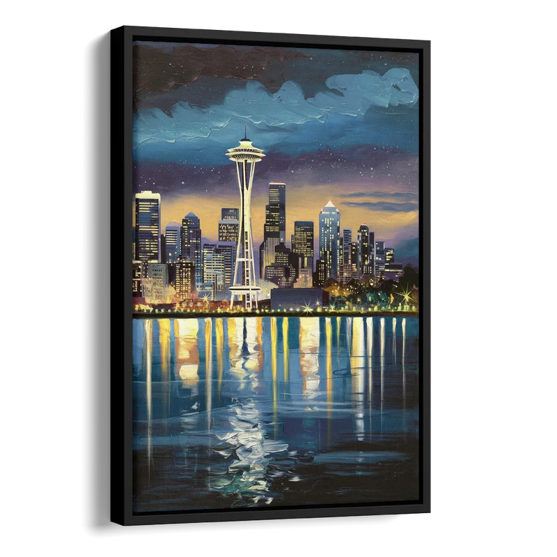 Seattle Skyline Reflection Side - Black Canvas Wall Art