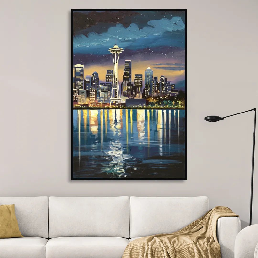 Seattle Skyline Reflection Living Room - Black Canvas Wall Art