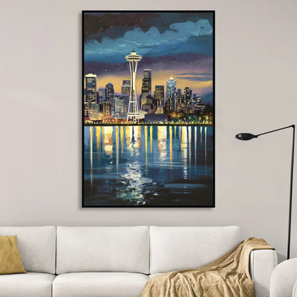 Seattle Skyline Reflection Living Room - Black Canvas Wall Art