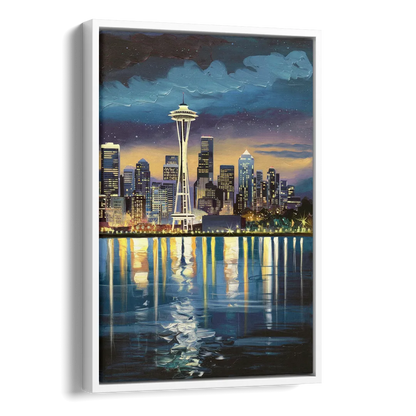 Seattle Skyline Reflection Side - White Canvas Wall Art