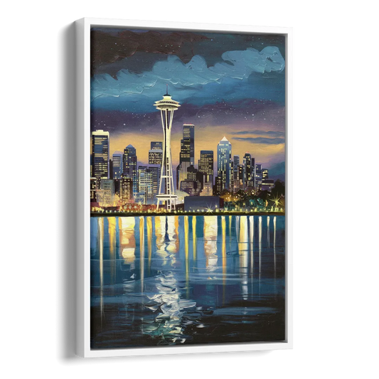 Seattle Skyline Reflection Side - White Canvas Wall Art