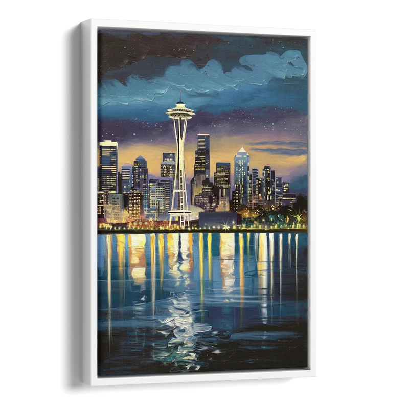 Seattle Skyline Reflection Side - White Canvas Wall Art