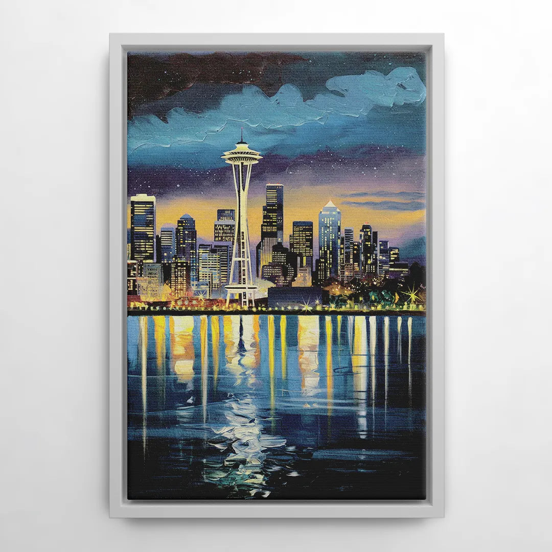 Seattle Skyline Reflection - White Frame Canvas