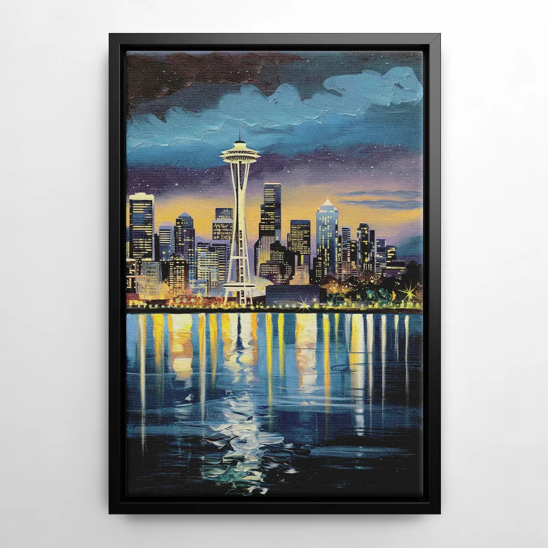 Seattle Skyline Reflection - Black Frame Canvas
