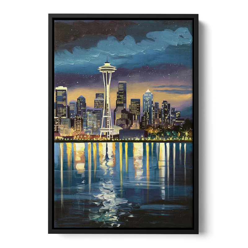 Seattle Skyline Reflection Front - Black Canvas Wall Art