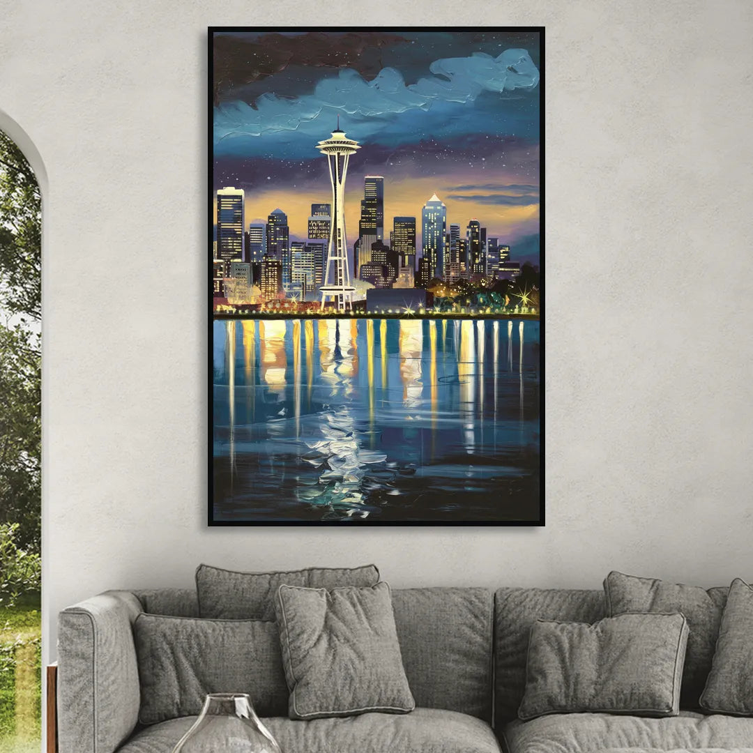 Seattle Skyline Reflection Sitting Room - Black Canvas Wall Art