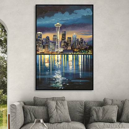 Seattle Skyline Reflection Sitting Room - Black Canvas Wall Art