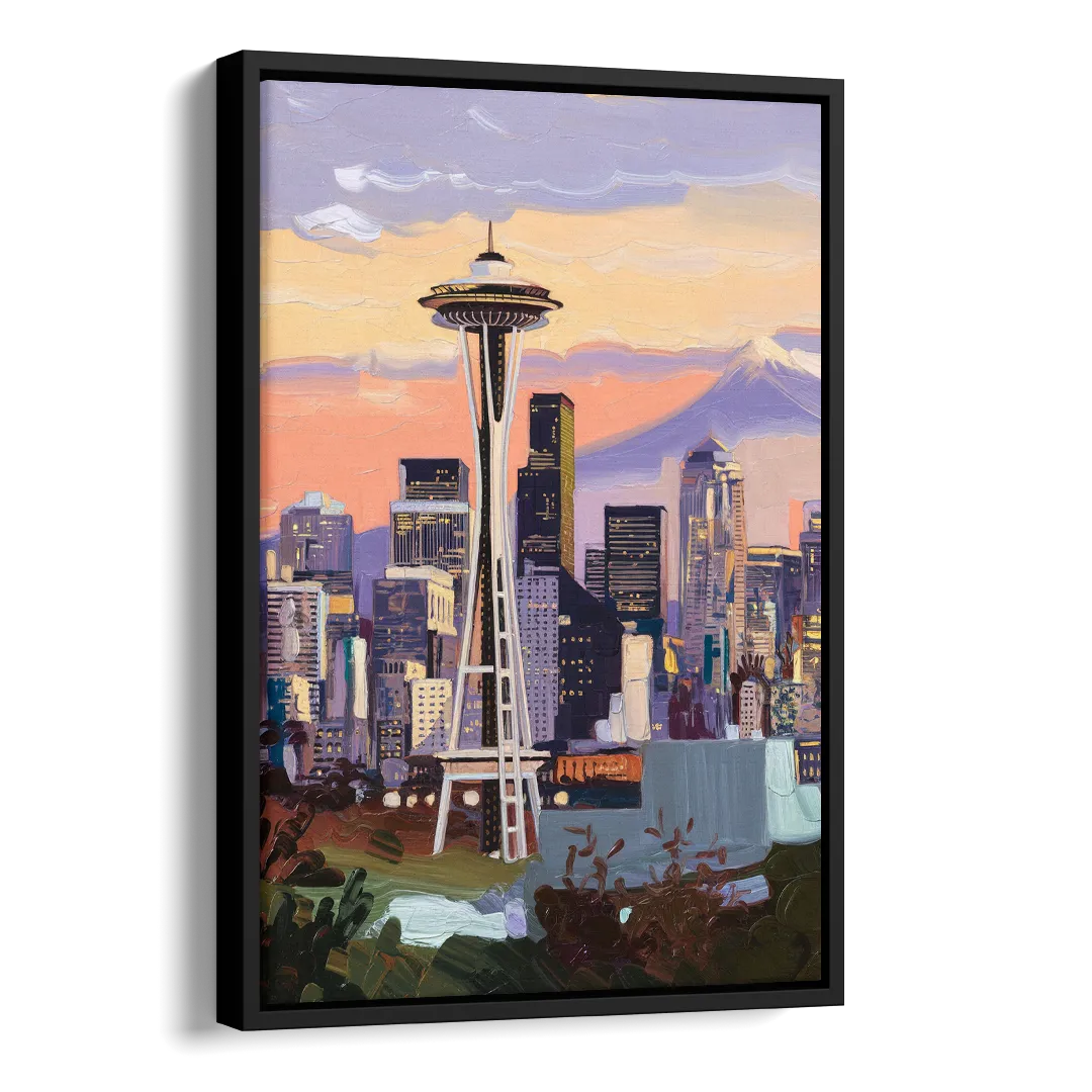Seattle Skyline from Kerry Park Side - Black Canvas Wall Art