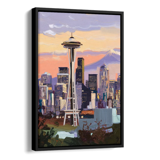 Seattle Skyline from Kerry Park Side - Black Canvas Wall Art