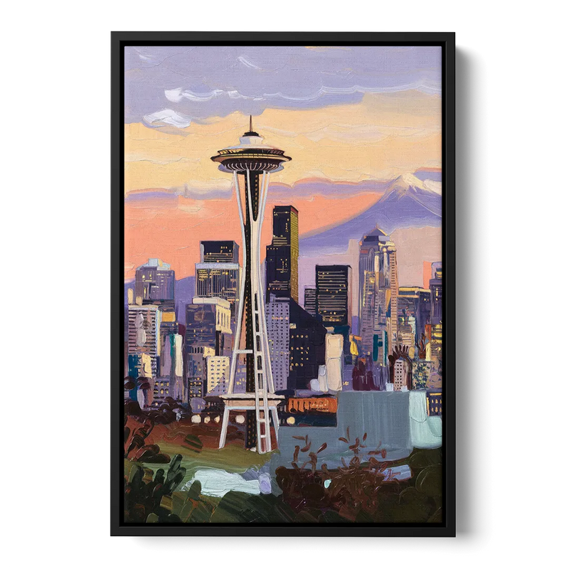 Seattle Skyline from Kerry Park Front - Black Canvas Wall Art