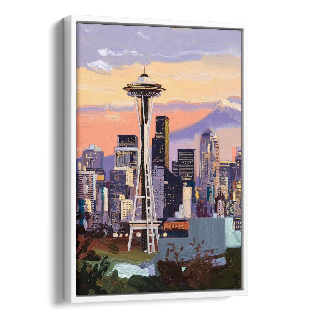 Seattle Skyline from Kerry Park Side - White Canvas Wall Art