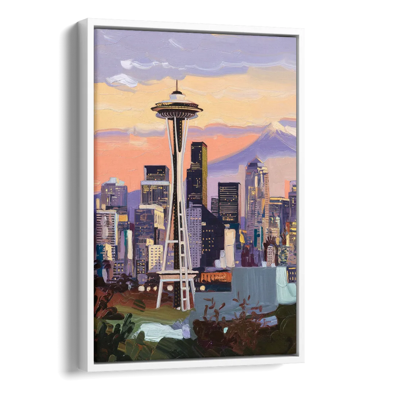 Seattle Skyline from Kerry Park Side - White Canvas Wall Art