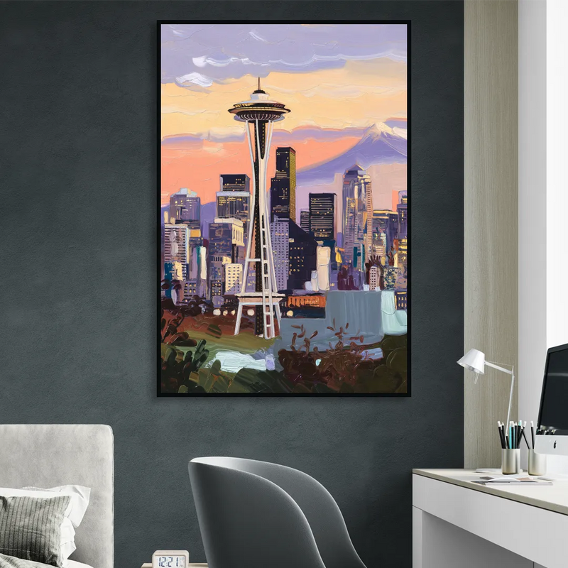 Seattle Skyline from Kerry Park Sitting Room - Black Canvas Wall Art
