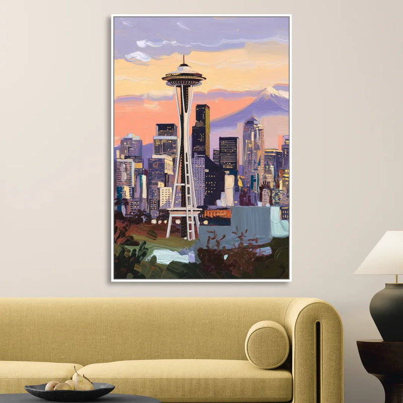 Seattle Skyline from Kerry Park Living Room - White Canvas Wall Art