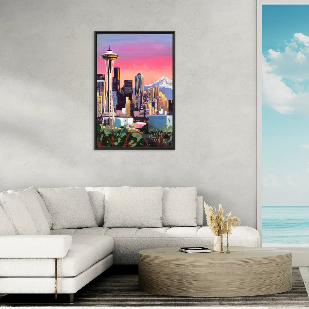 Seattle Skyline with Mount Rainier - Living Room Black Frame Canvas