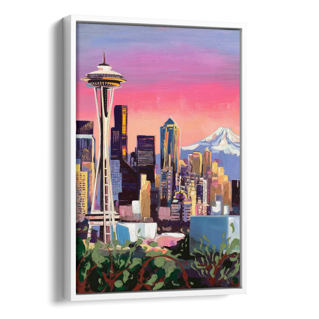 Seattle Skyline with Mount Rainier Side - White Canvas Wall Art
