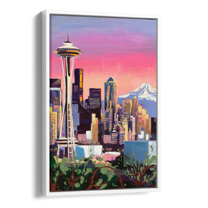 Seattle Skyline with Mount Rainier Side - White Canvas Wall Art