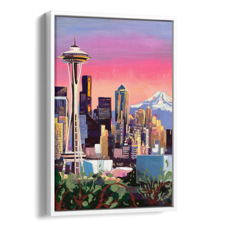Seattle Skyline with Mount Rainier Side - White Canvas Wall Art