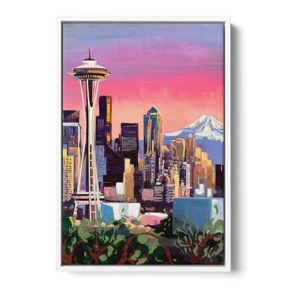 Seattle Skyline with Mount Rainier Front - White Canvas Wall Art