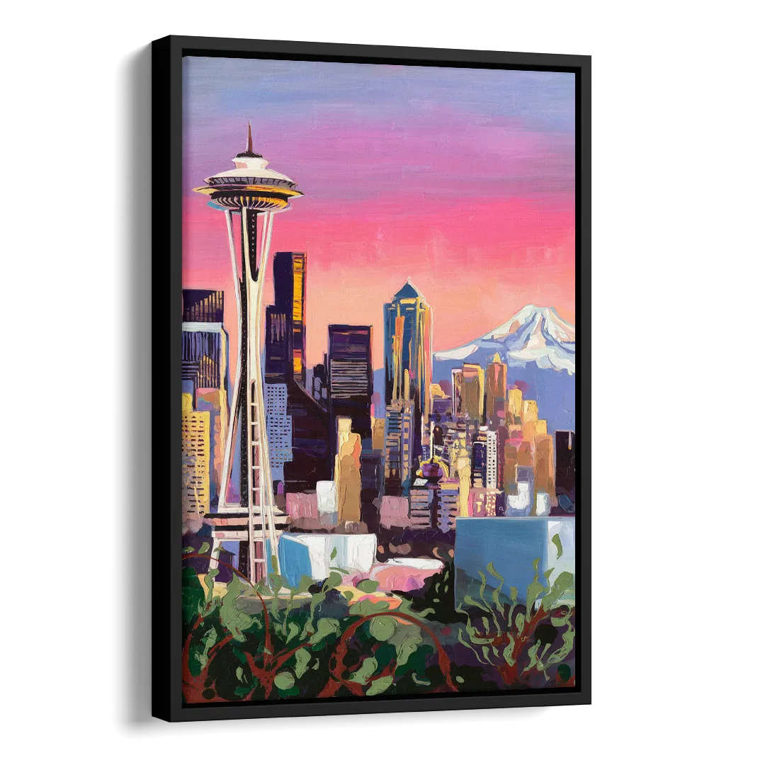 Seattle Skyline with Mount Rainier Side - Black Canvas Wall Art