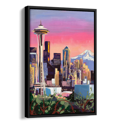 Seattle Skyline with Mount Rainier Side - Black Canvas Wall Art
