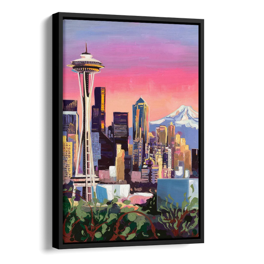 Seattle Skyline with Mount Rainier Side - Black Canvas Wall Art