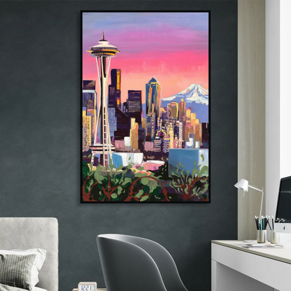 Seattle Skyline with Mount Rainier Living Room - Black Canvas Wall Art
