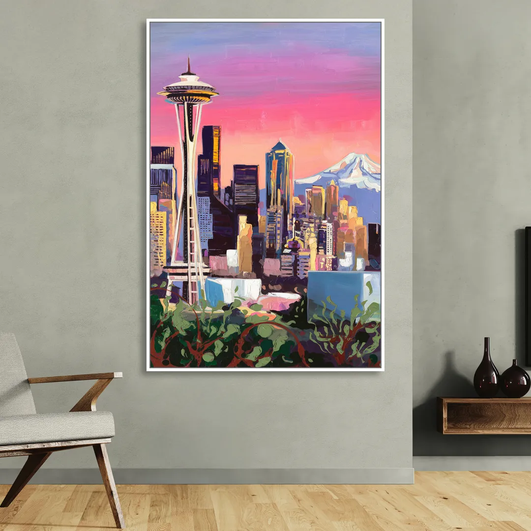 Seattle Skyline with Mount Rainier Living Room - White Canvas Wall Art