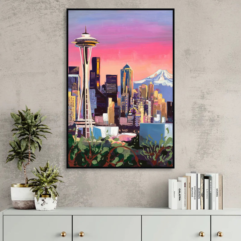 Seattle Skyline with Mount Rainier Sitting Room - Black Canvas Wall Art