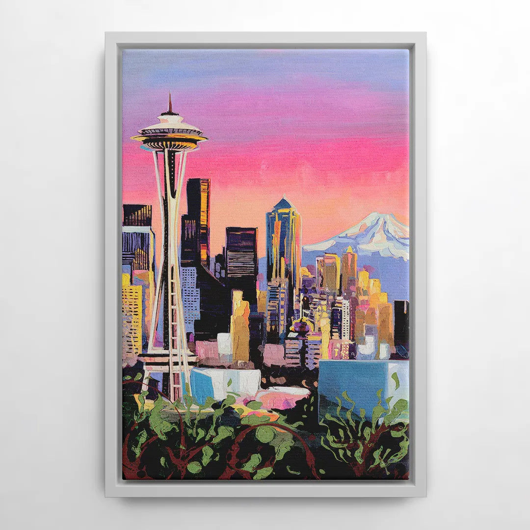 Seattle Skyline with Mount Rainier - White Frame Canvas