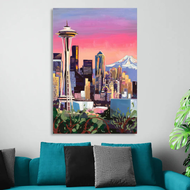Seattle Skyline with Mount Rainier Sitting Room - Canvas Wall Art