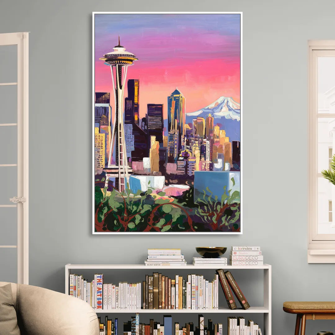Seattle Skyline with Mount Rainier Sitting Room - White Canvas Wall Art