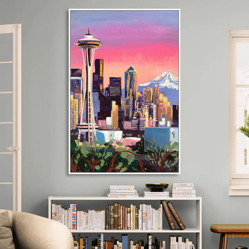 Seattle Skyline with Mount Rainier Sitting Room - White Canvas Wall Art
