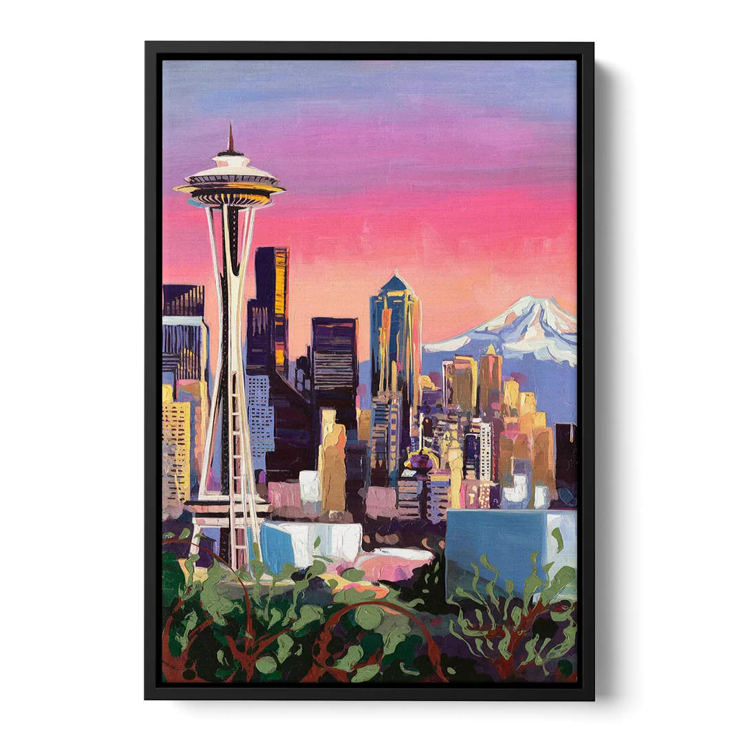 Seattle Skyline with Mount Rainier Front - Black Canvas Wall Art