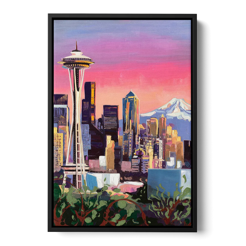Seattle Skyline with Mount Rainier Front - Black Canvas Wall Art