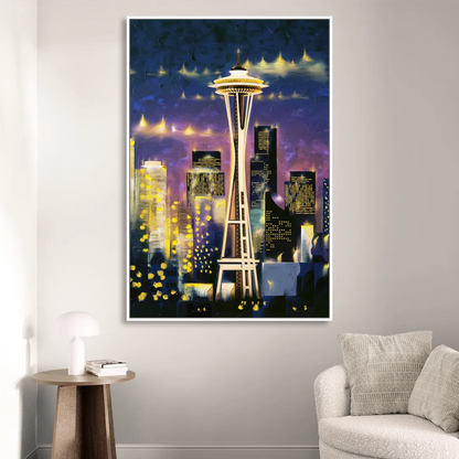 Seattle Space Needle Night Lights Sitting Room - White Canvas Wall Art