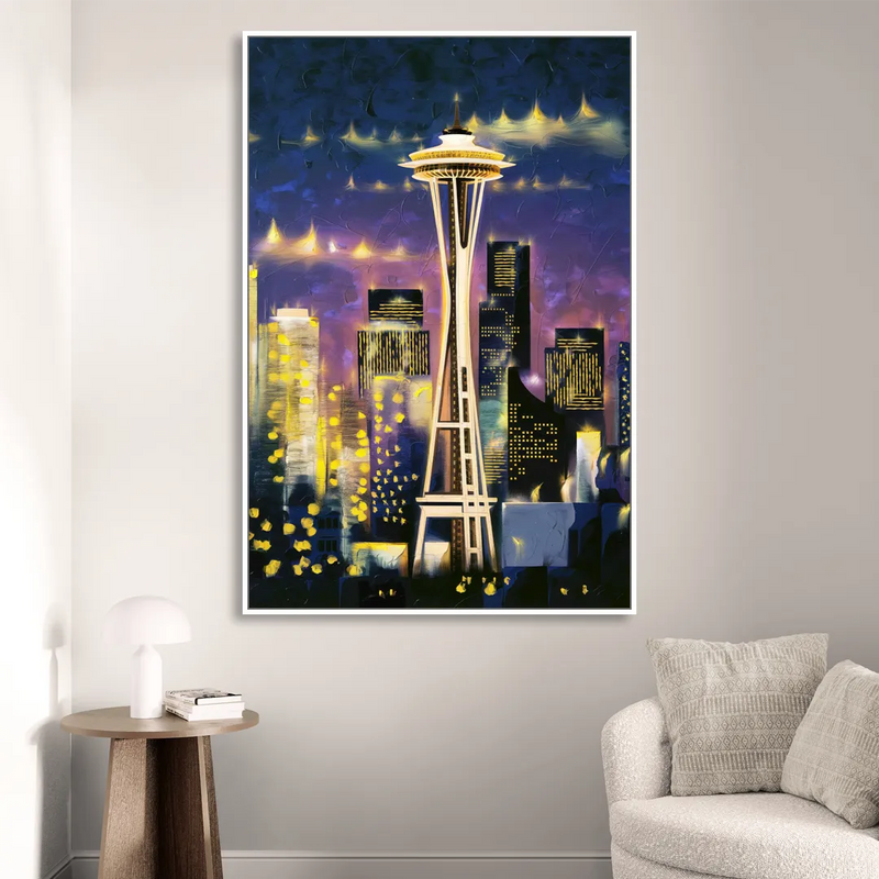 Seattle Space Needle Night Lights Sitting Room - White Canvas Wall Art