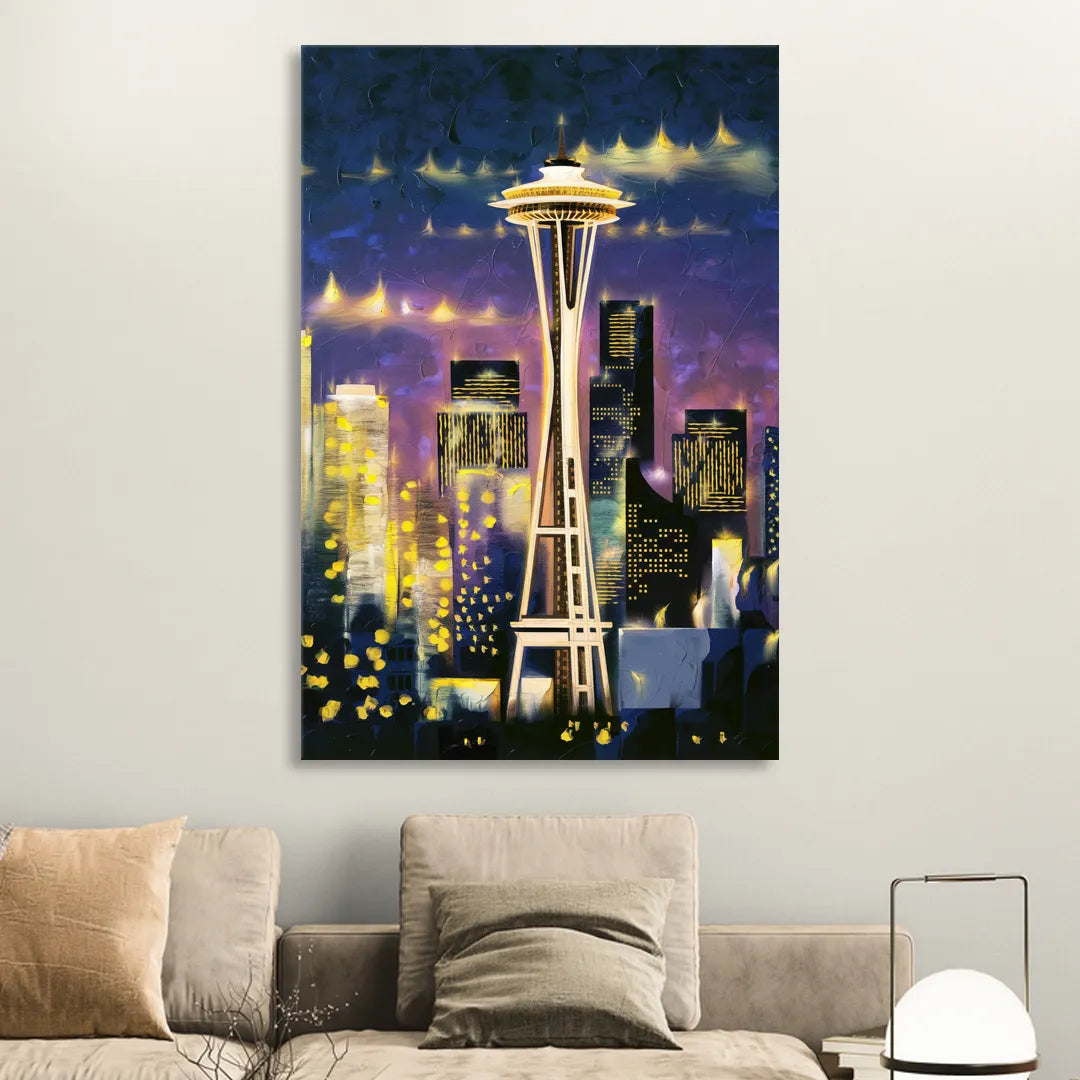 Seattle Space Needle Night Lights Sitting Room - Canvas Wall Art