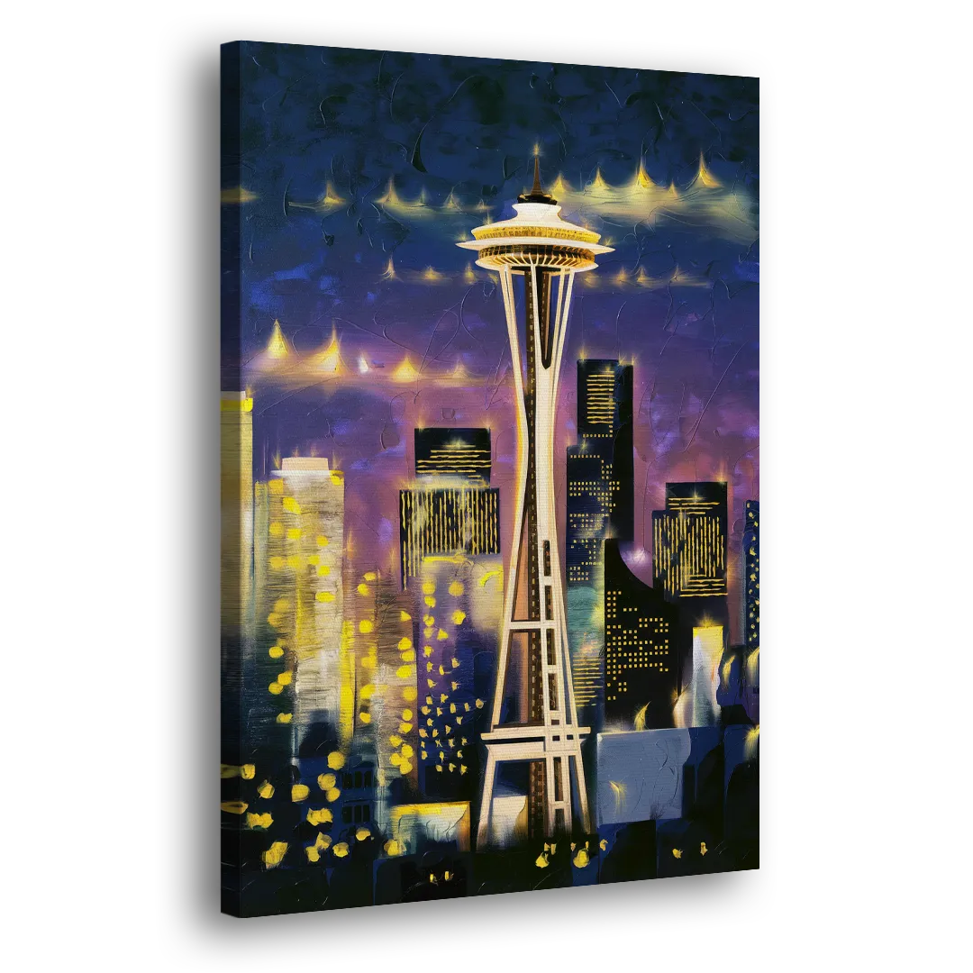 Seattle Space Needle Night Lights Side - Canvas Wall Art