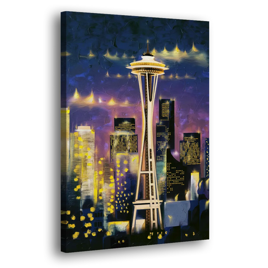 Seattle Space Needle Night Lights Side - Canvas Wall Art