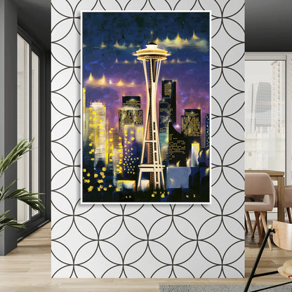 Seattle Space Needle Night Lights Living Room - White Canvas Wall Art