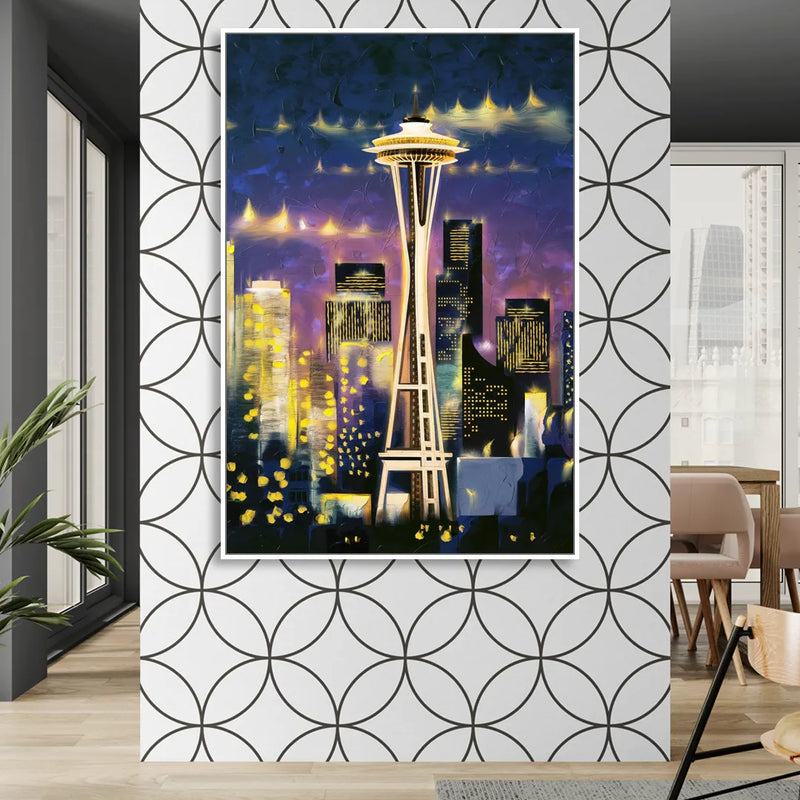 Seattle Space Needle Night Lights Living Room - White Canvas Wall Art