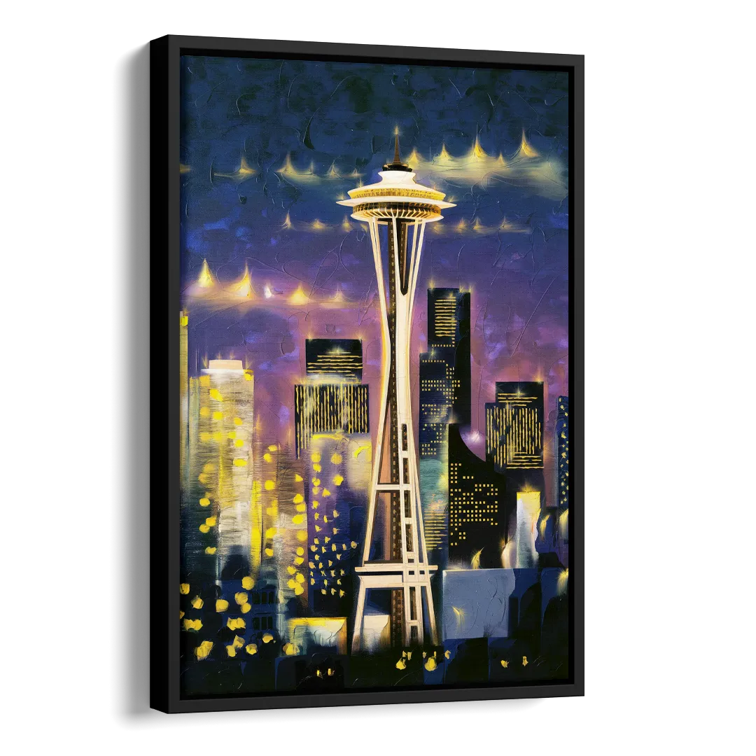 Seattle Space Needle Night Lights Side - Black Canvas Wall Art