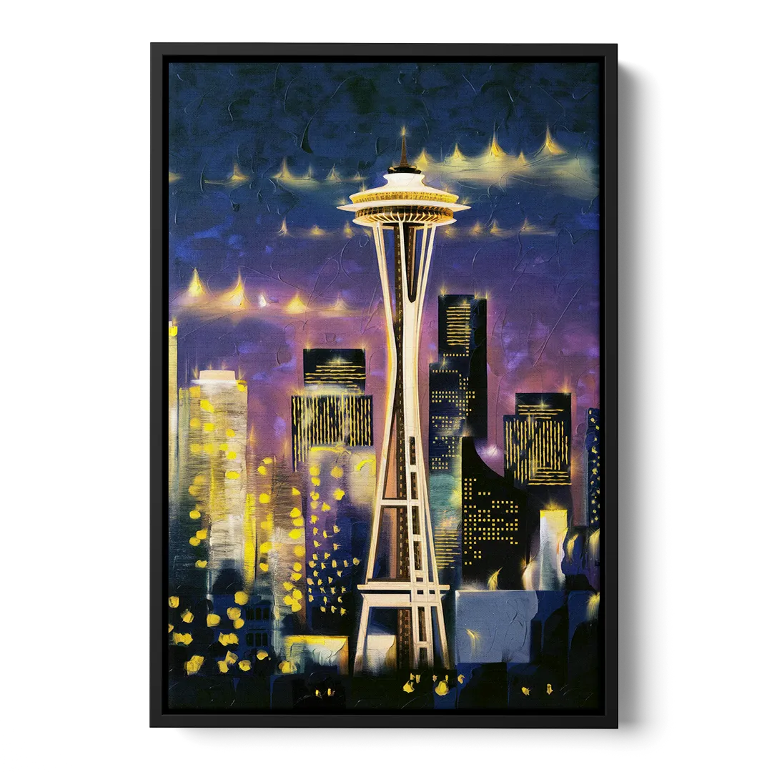 Seattle Space Needle Night Lights Front - Black Canvas Wall Art