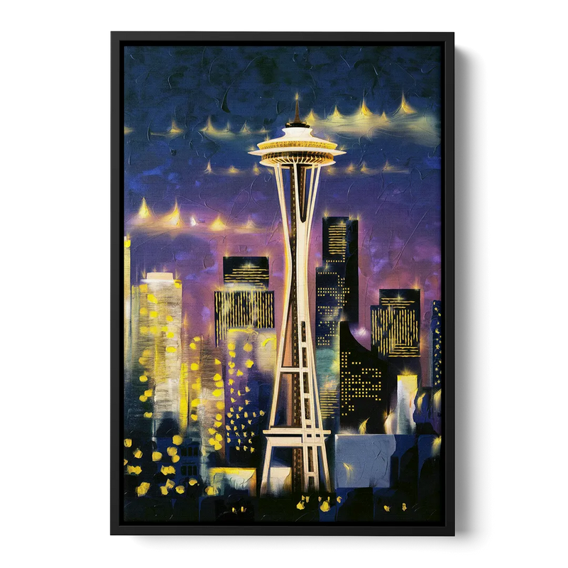 Seattle Space Needle Night Lights Front - Black Canvas Wall Art