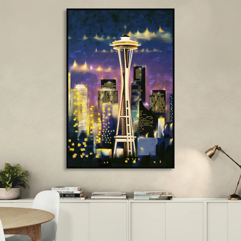 Seattle Space Needle Night Lights Sitting Room - Black Canvas Wall Art