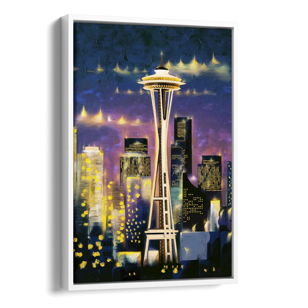 Seattle Space Needle Night Lights Side - White Canvas Wall Art